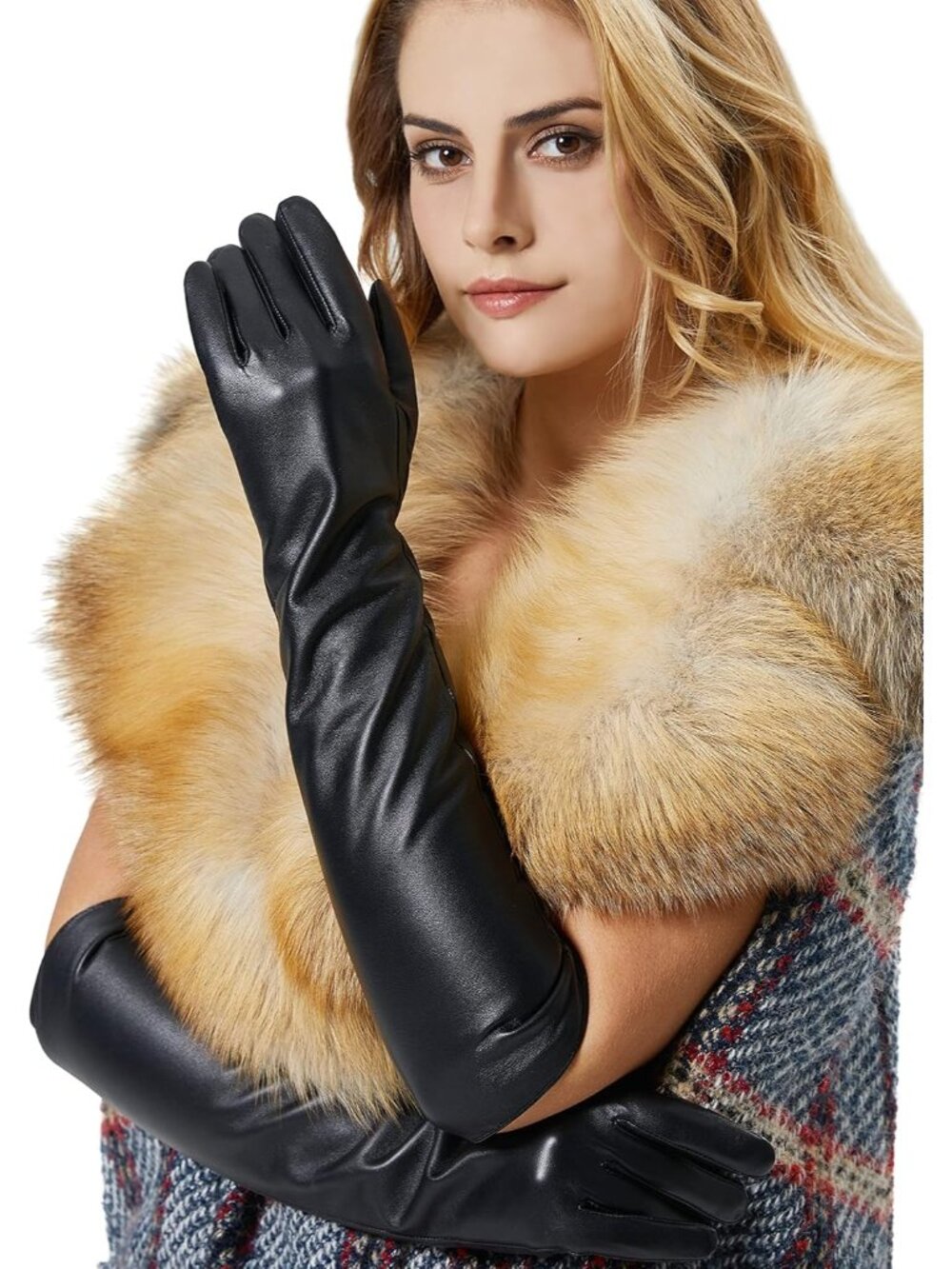 Women's Black Opera Length Touchscreen Ladies Warm Lined Long Leather Gloves